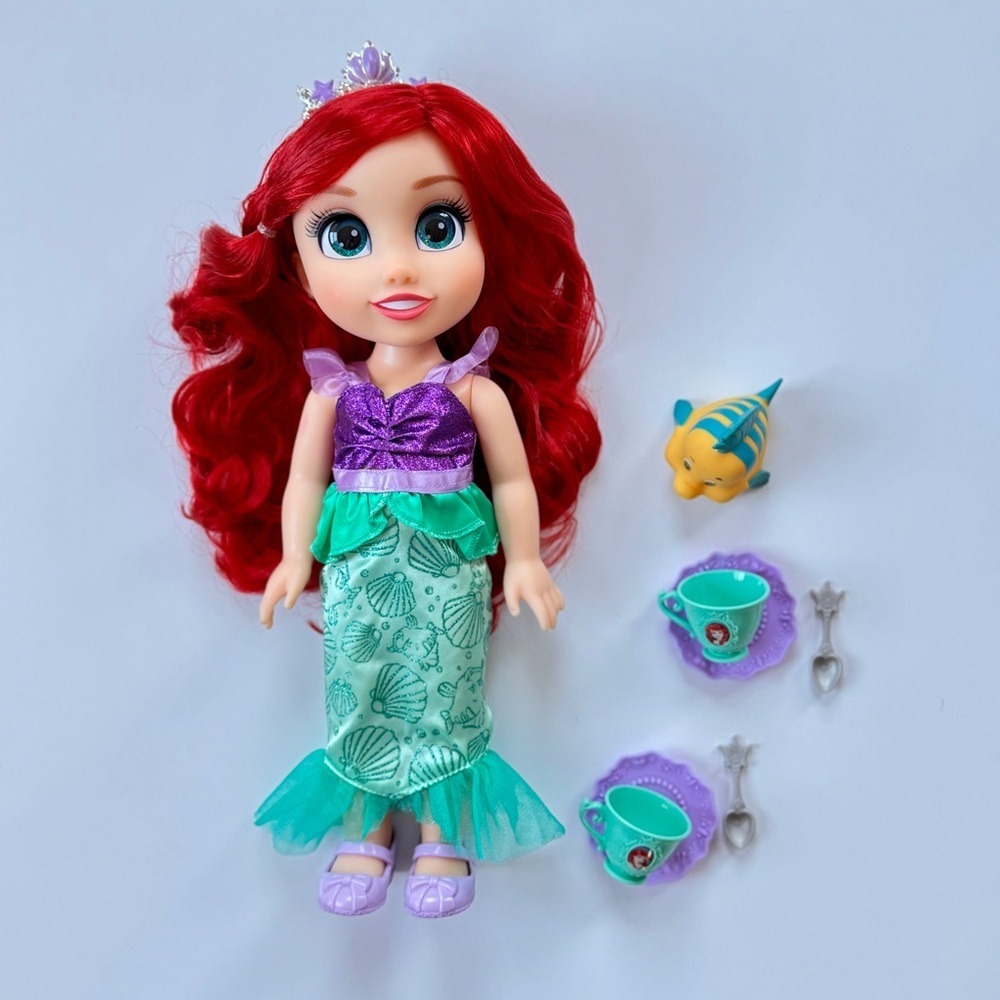 Disney Princess Ariel Doll Tea Time with Flounder, Tea Cups Disney Doll - Picture 2 of 6